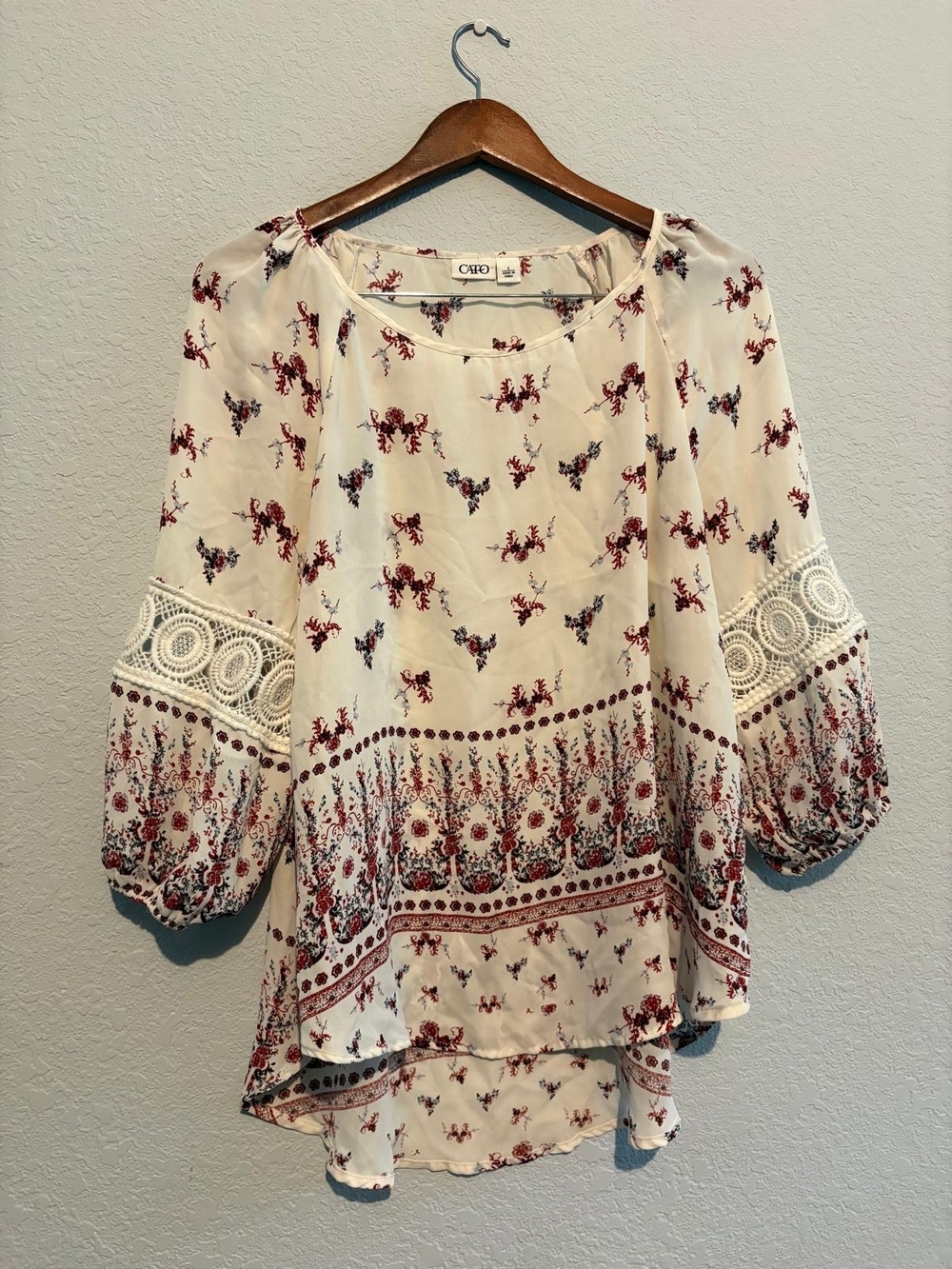 Cato Cream and Burgundy Floral Crochet-Sleeve Peasant Blouse - Picture 2 of 4